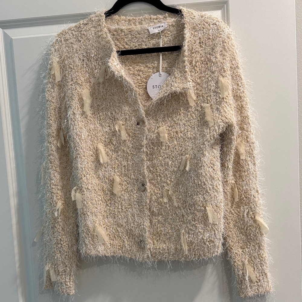 NWT Storia Cream eyelash Textured Knit Cardigan Sweater sz s